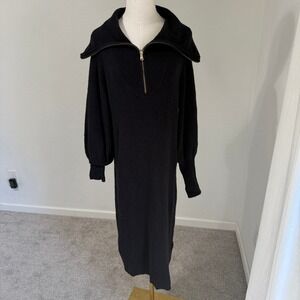 J. Crew Black Funnel Neck Knit Quarter Zip Sweater Dress Merino‎ Wool Blend Midi
